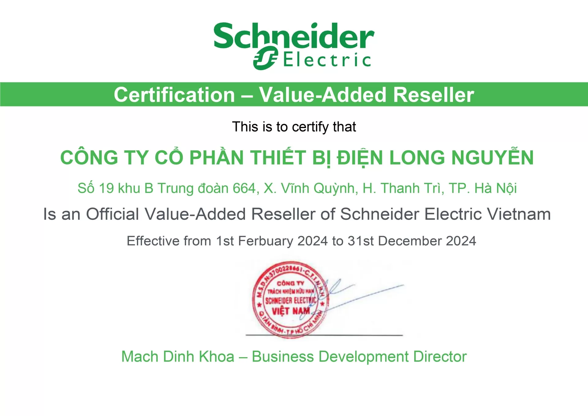Chứng nhận nhà phân phối thiết bị điện Schneider năm 2024
