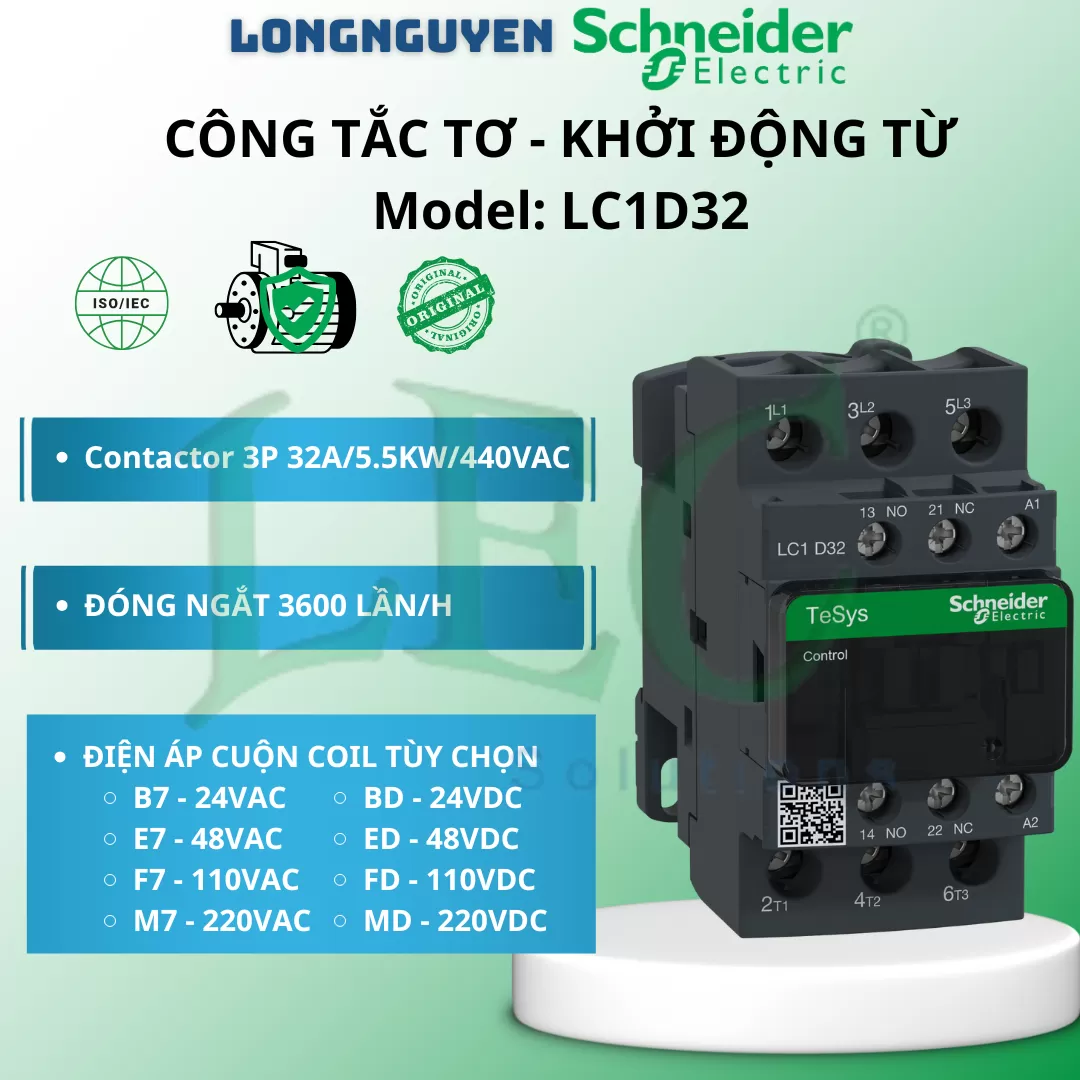 Khởi động từ LC1D32B7 - 3P(3 NO) - AC-3 -  440 V 32 A - 24 V AC coil