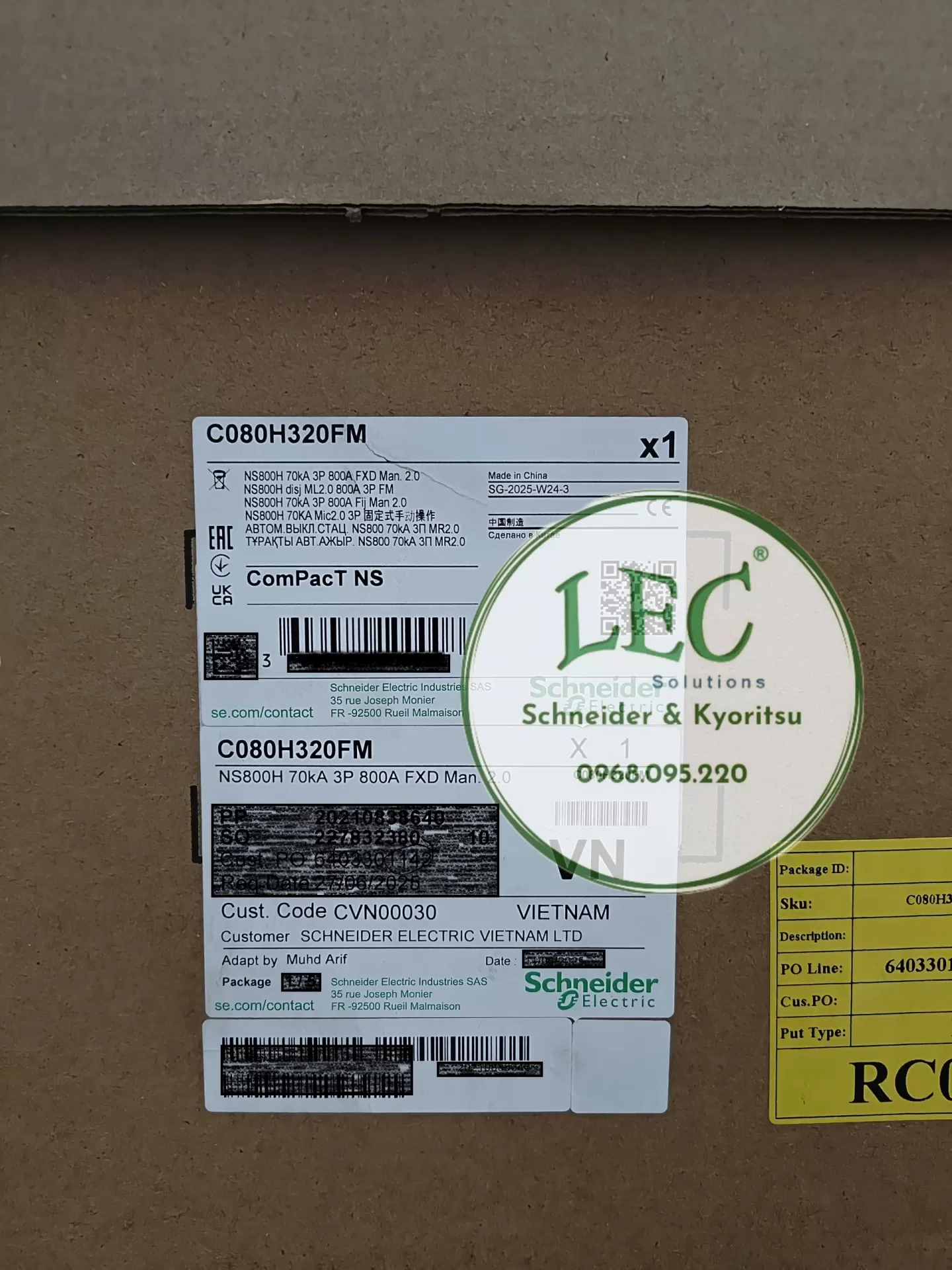 C080H320FM - Cầu dao tự động MCCB CompacT NS800H, 70kA ở 415VAC, 3P, cố định, MicroLogic 2.0, 800A