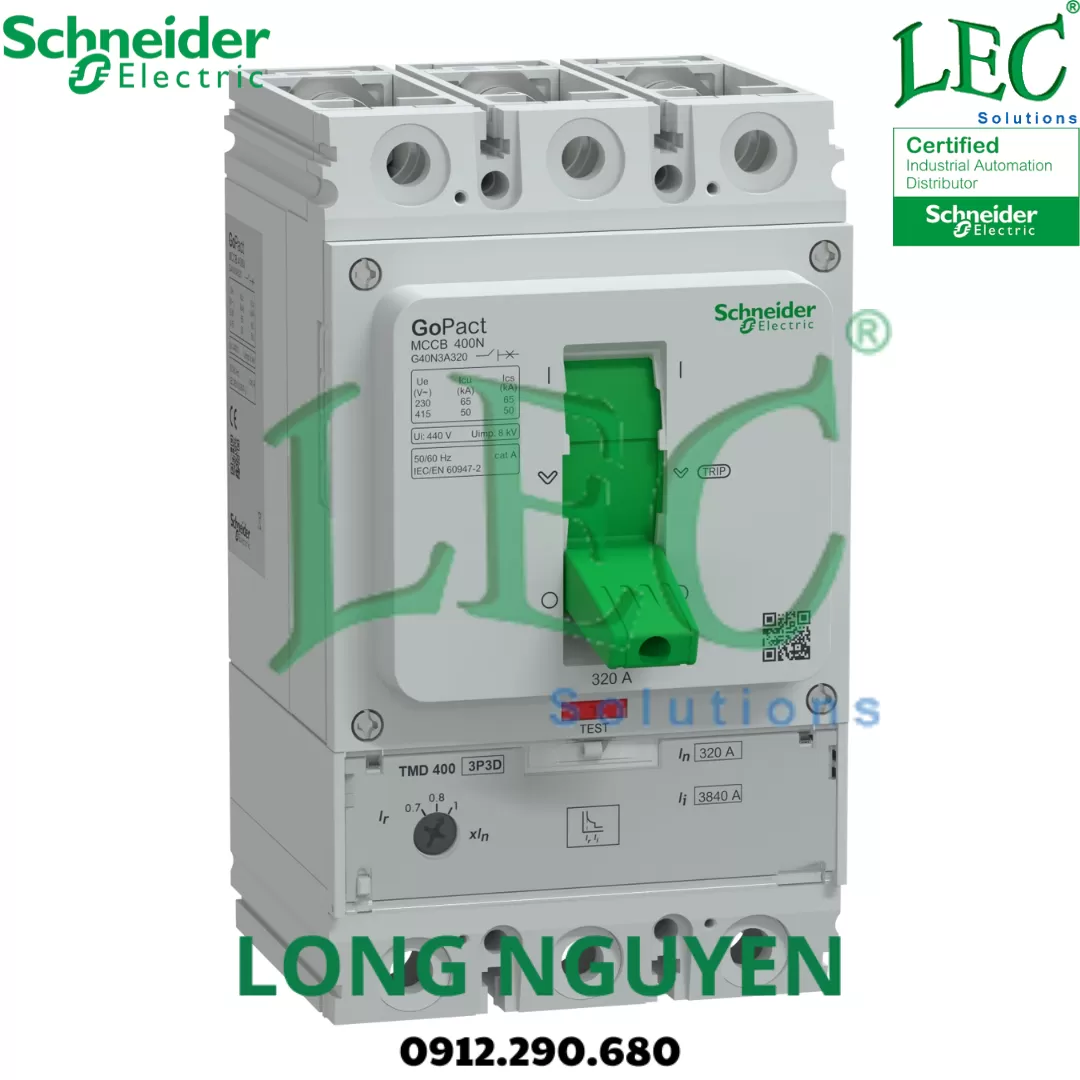 G40F3A400 - Cầu dao tự động MCCB Gopact 400F, 3P 400A 36kA có chỉnh dòng