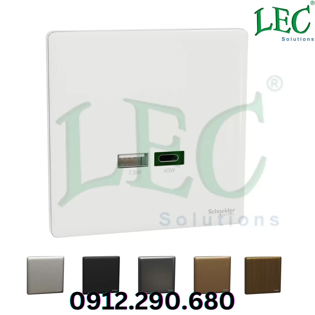 Bộ sạc USB đôi, Unica X, 45W, loại A+C, sơn trắng, Đồng đen