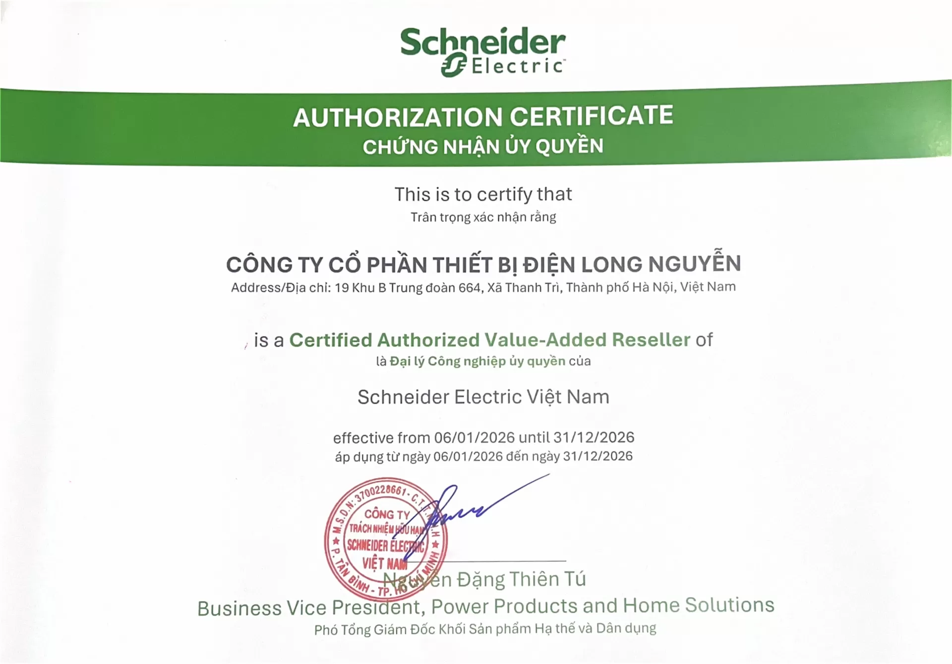 Long Nguyễn nhận chứng nhận Đại lý Schneider Electric 2026