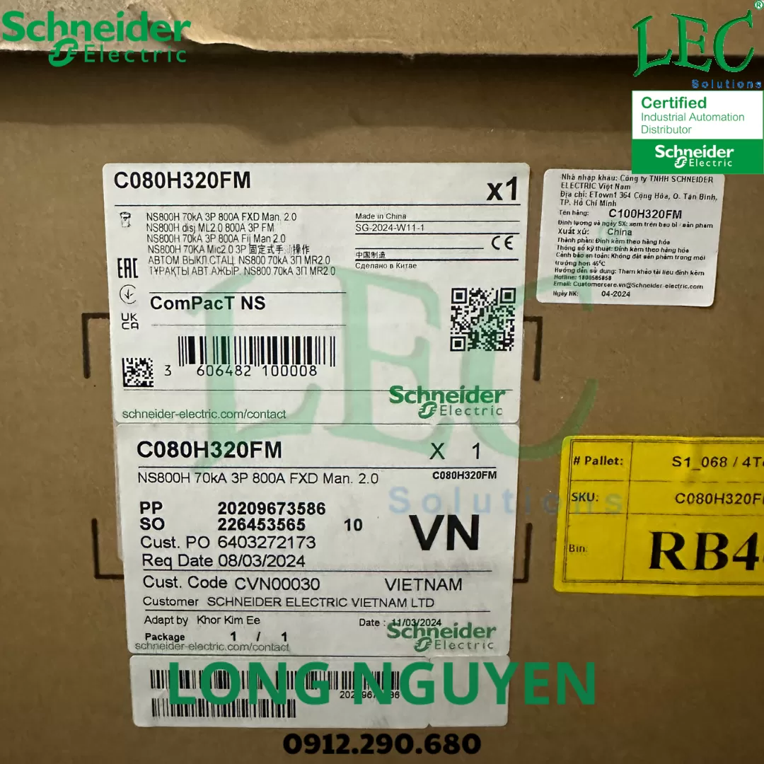 C080H320FM - Cầu dao tự động MCCB CompacT NS800H, 70kA ở 415VAC, 3P, cố định, MicroLogic 2.0, 800A