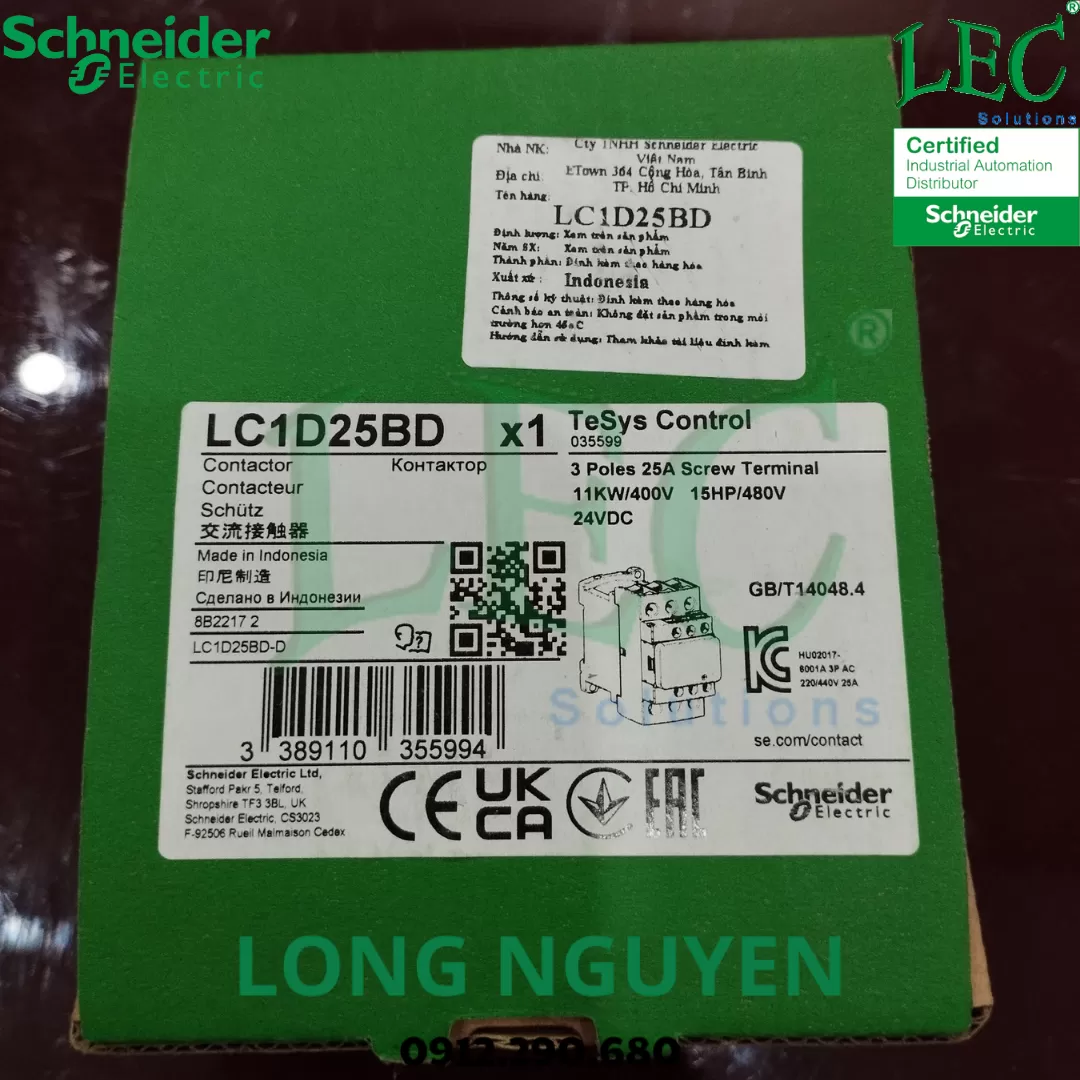 Khởi động từ LC1D25BD - 3P(3 NO) - AC-3 -  440 V 25 A - 24 V DC coil
