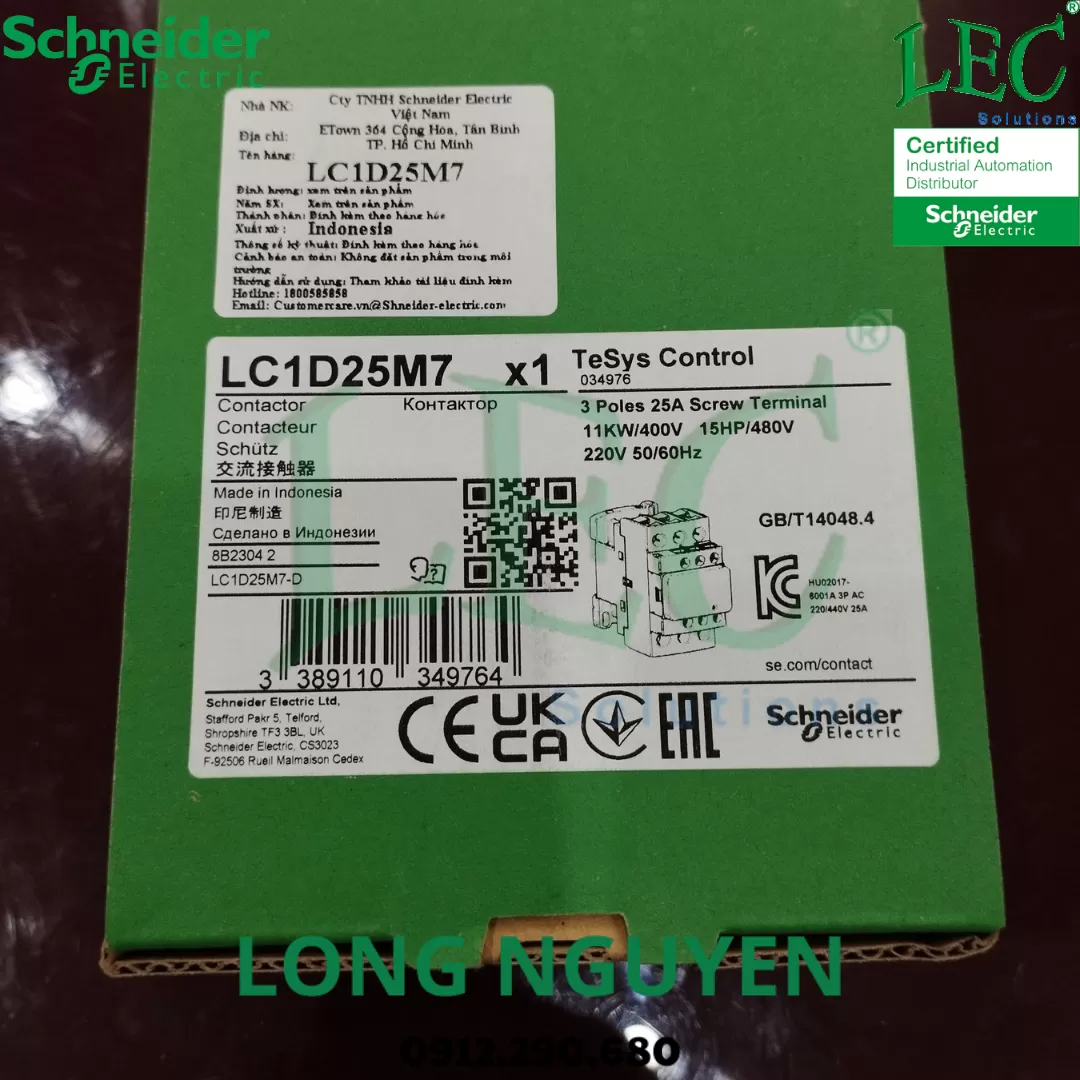 Khởi động từ LC1D25M7 - 3P(3 NO) - AC-3 -  440 V 25 A - 220 V AC coil
