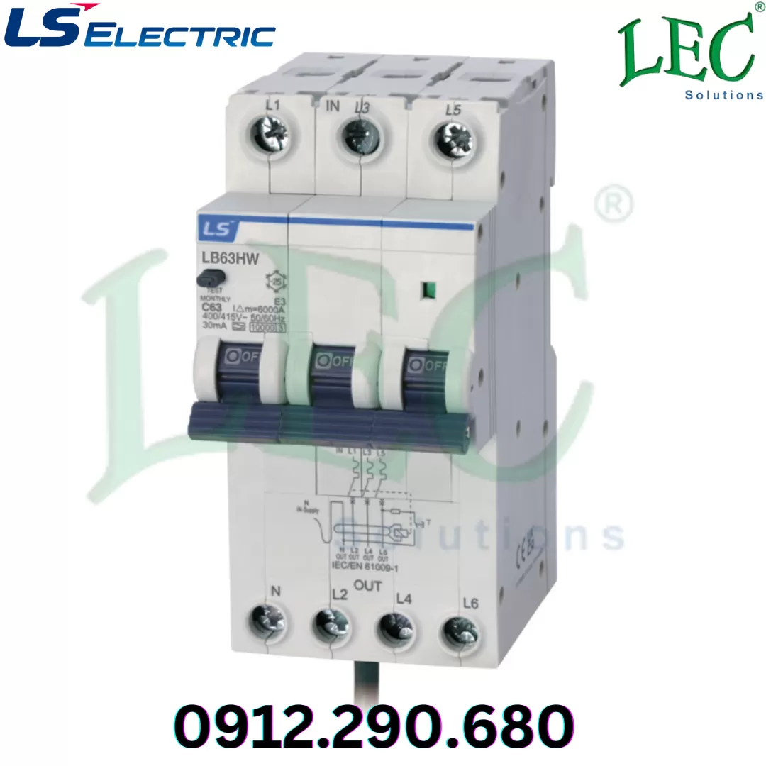 RCBO Ls LB63HW 3P+N curve D 6A 300mA A type 10kA