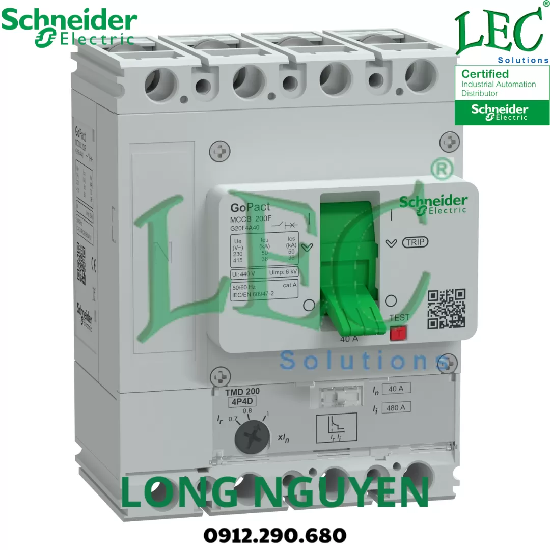 G20B4A160 - Cầu dao tự động MCCB Gopact 200B, 4P 160A 25kA có chỉnh dòng