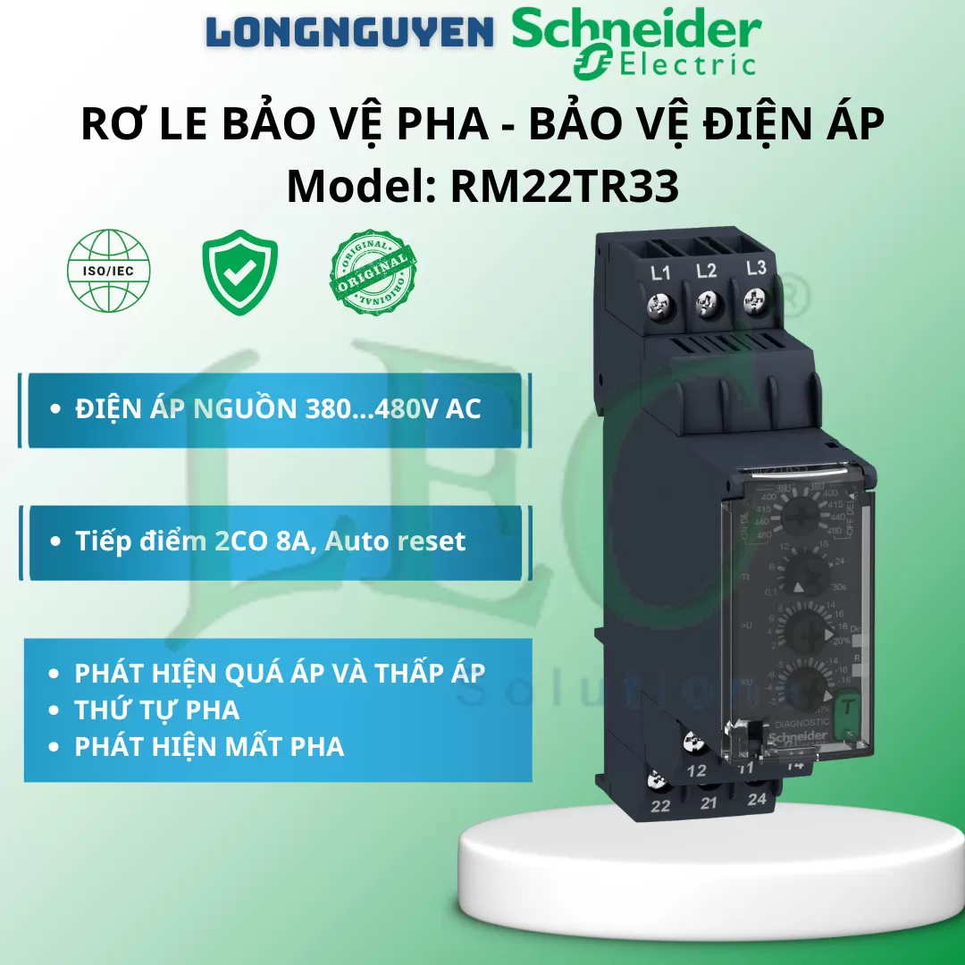 RM22TR33 - Rơ le bảo vệ điện áp 3P 8A, 2CO, 380...480V AC