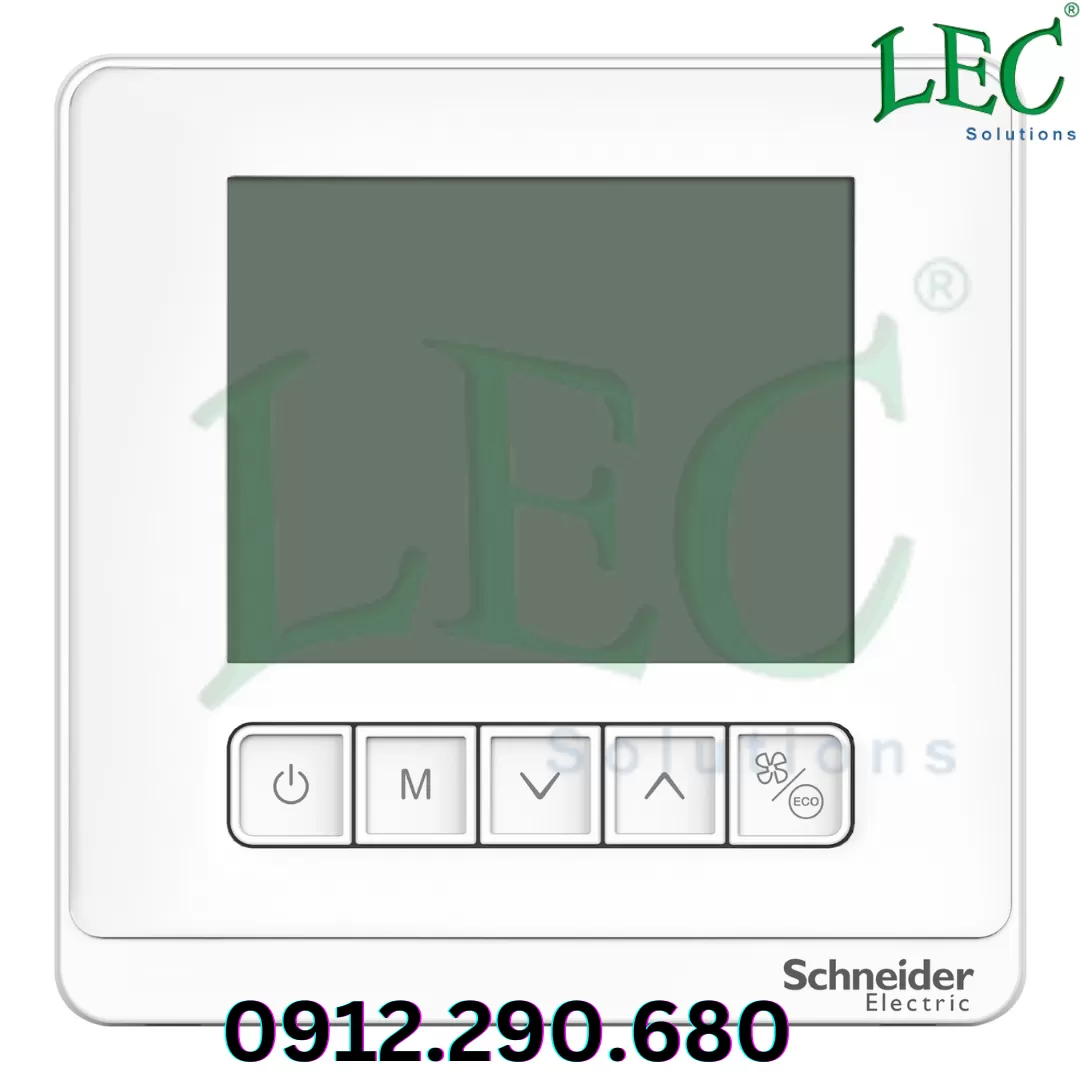 SpaceLogic, Bộ điều chỉnh nhiệt độ, Bật/Tắt Fancoil, Mạng, LCD 5 nút, 4P, 3 quạt, Modbus, Cảm biến ngoài, 240V, Màu trắng.
