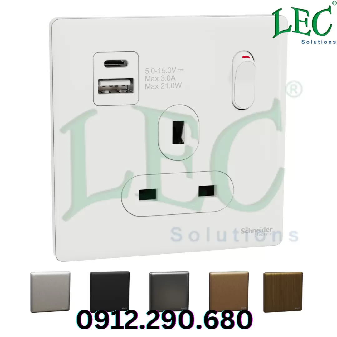 Ổ cắm có công tắc với USB, Unica X, 13A, 250V, 2 cực, loại A+C, 21W, Trắng