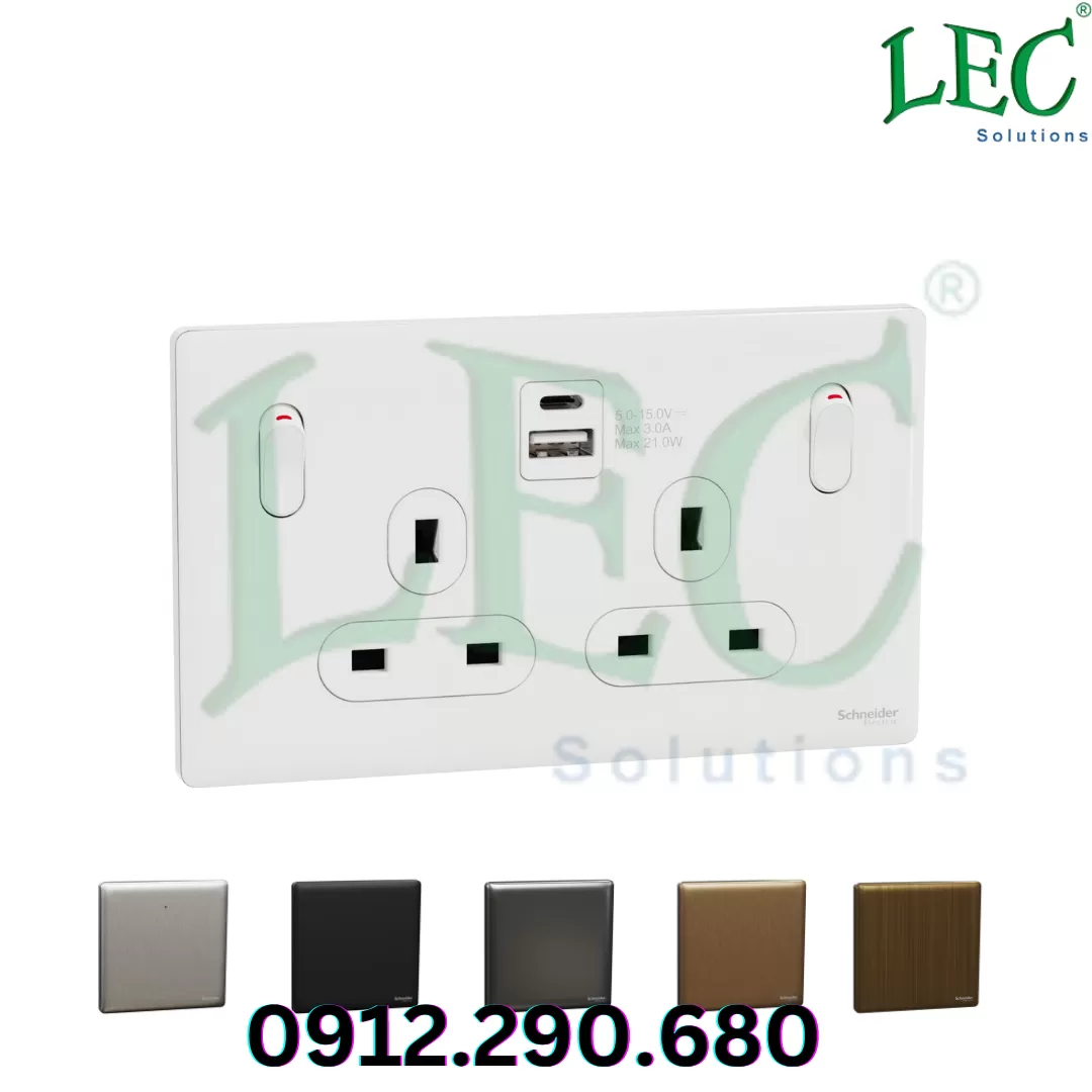 UNICA X 13A 250V~ Ổ cắm chuyển mạch 2 cực 2 ổ cắm có USB A+C 21W, Đồng đen