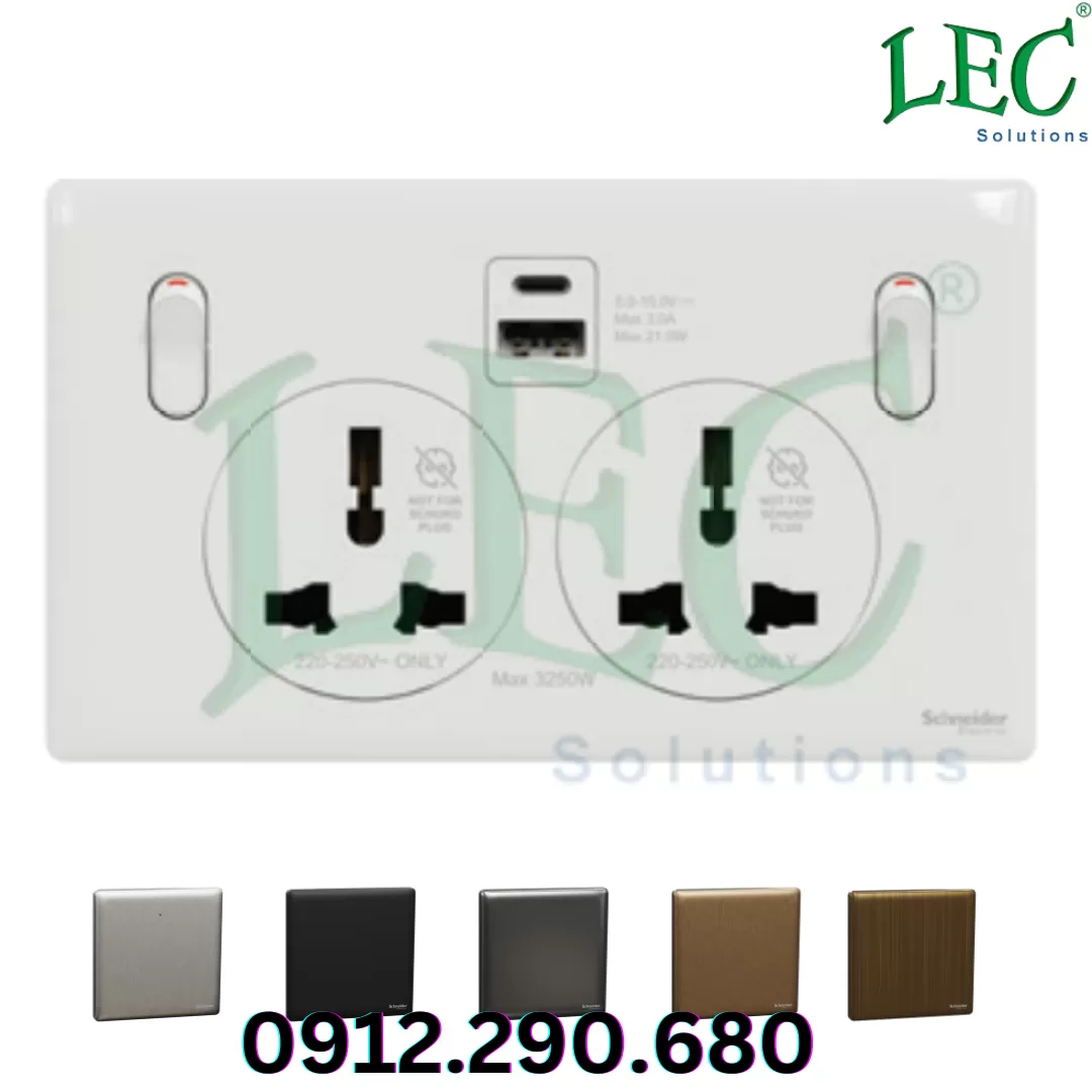 Ổ cắm đôi đa năng có công tắc với USB, Unica X, 13A, 250V, 2 cực, loại A+C, 21W, Đồng đen