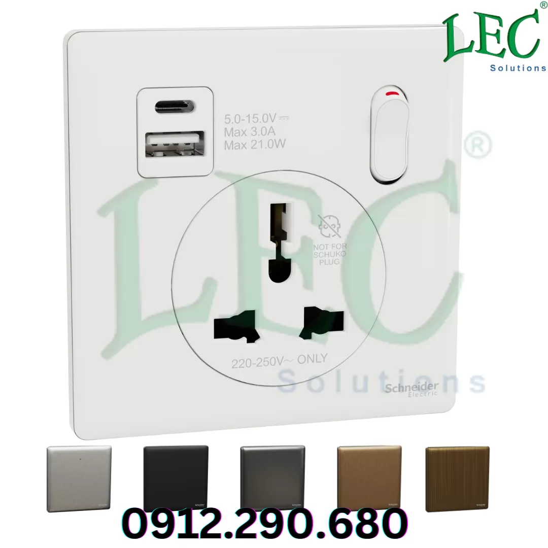 Ổ cắm đa năng có công tắc với USB, Unica X, 13A, 250V, 2 cực, loại A+C, 21W, Đồng thau cổ